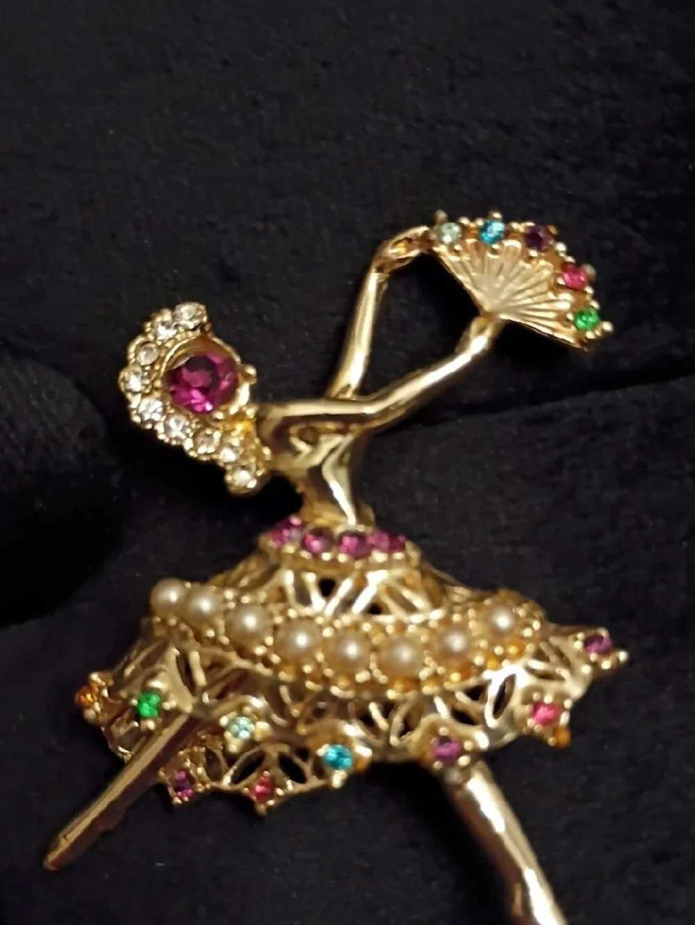 Vintage Gold Ballerina Brooch with Multicolor Stones and Pearls